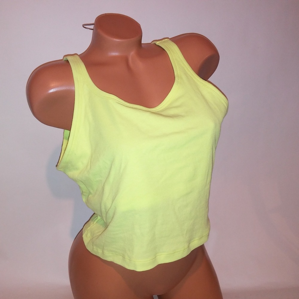 Victoria Secret PINK Tank Top Crop XXL 2X Neon Yellow Ribbed Solid Sleeveless